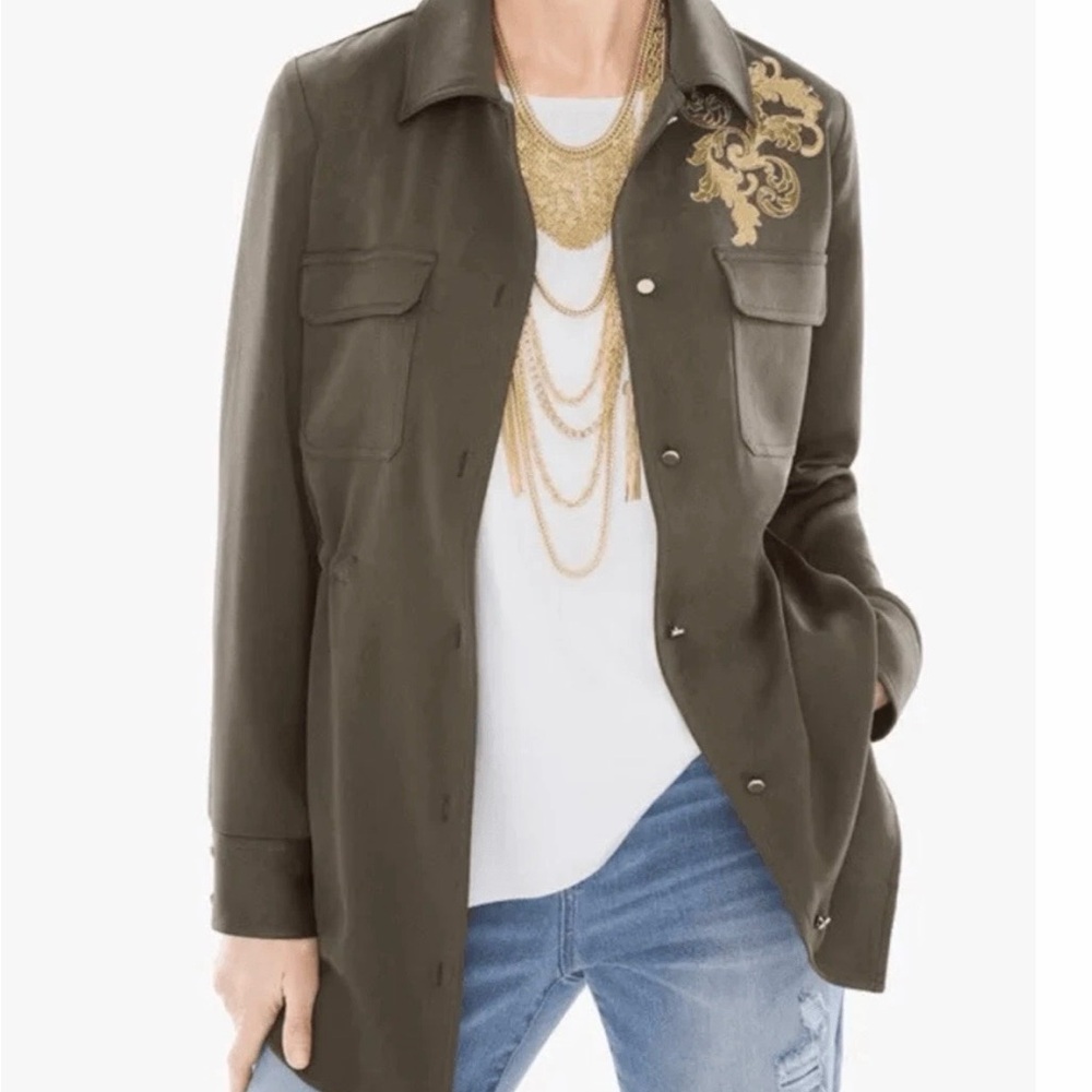 Chico's Olive Utility Jacket with Gold Embroidery